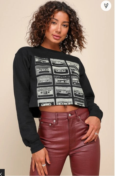 Cassette Tapes Cropped Pullover