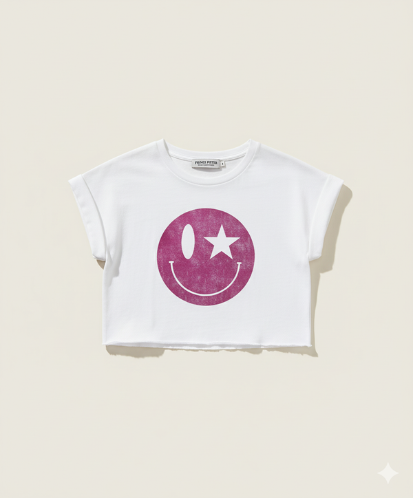 HAPPY FACE FOIL FUSCHIA CROP TOP - Juniors