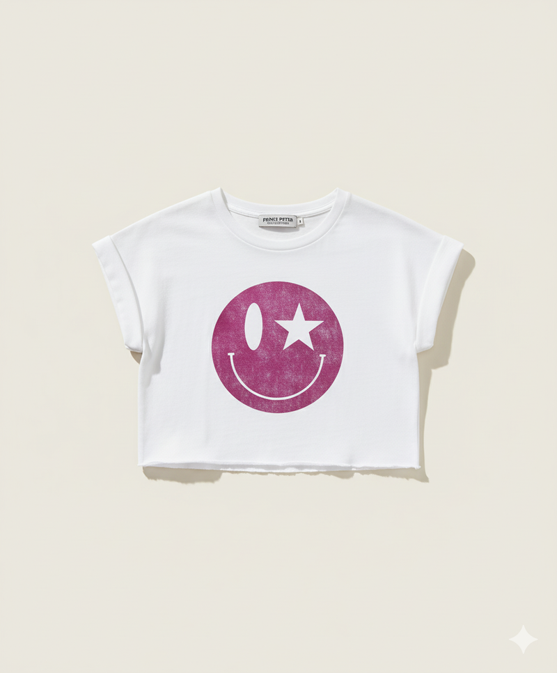 HAPPY FACE FOIL FUSCHIA CROP TOP - Juniors