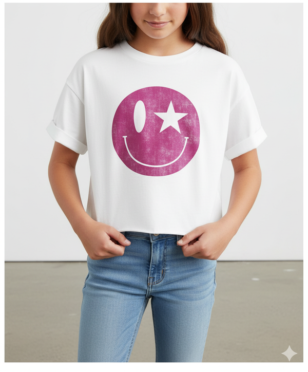 HAPPY FACE FOIL FUSCHIA CROP TOP - Juniors