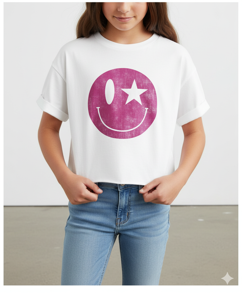 HAPPY FACE FOIL FUSCHIA CROP TOP - Juniors