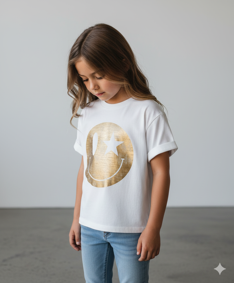 HAPPY FACE FOIL FUSCHIA TEE GOLD - Juniors